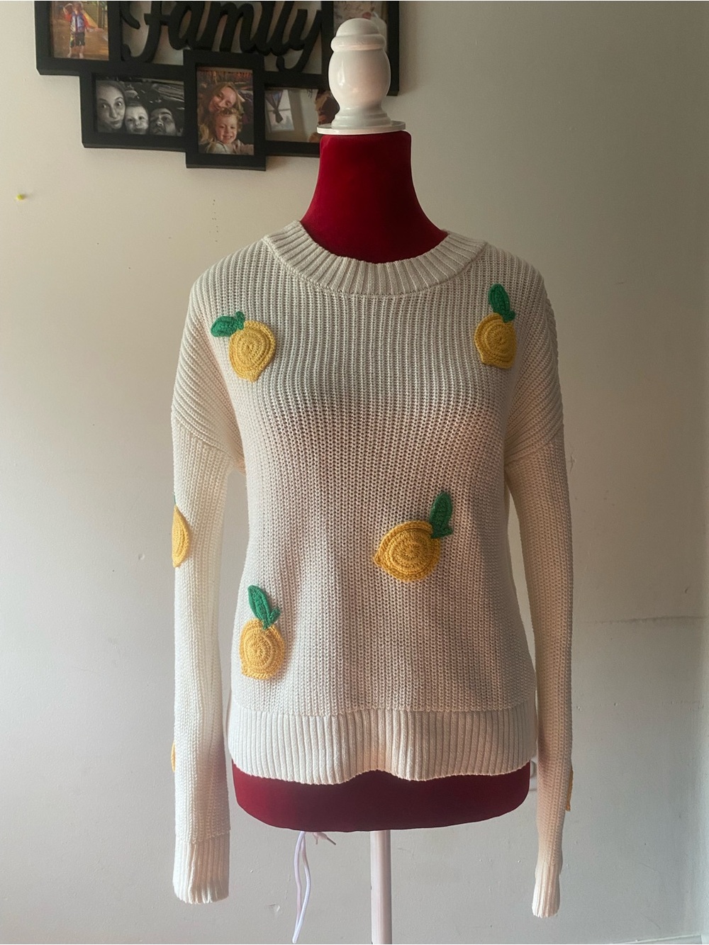 Cynthia Rowley Cream Crewneck Sweater with Yellow Lemon Motifs